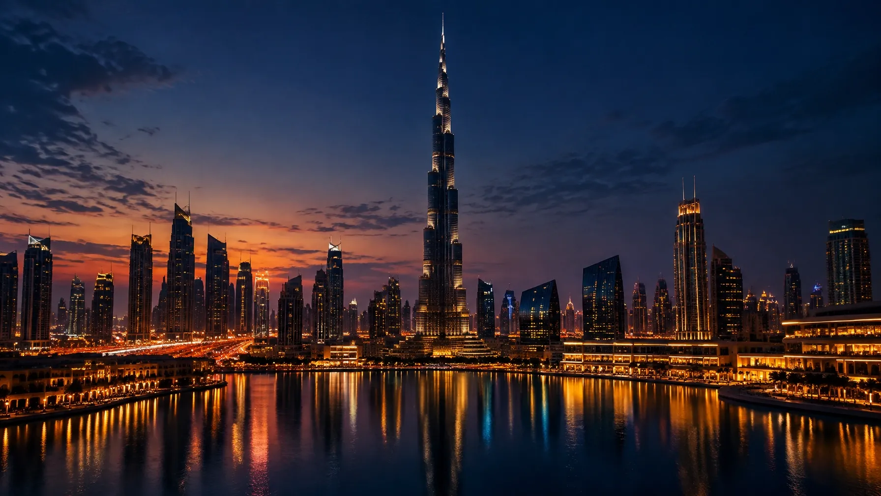 Burj Khalifa and Downtown Dubai skyline at dusk